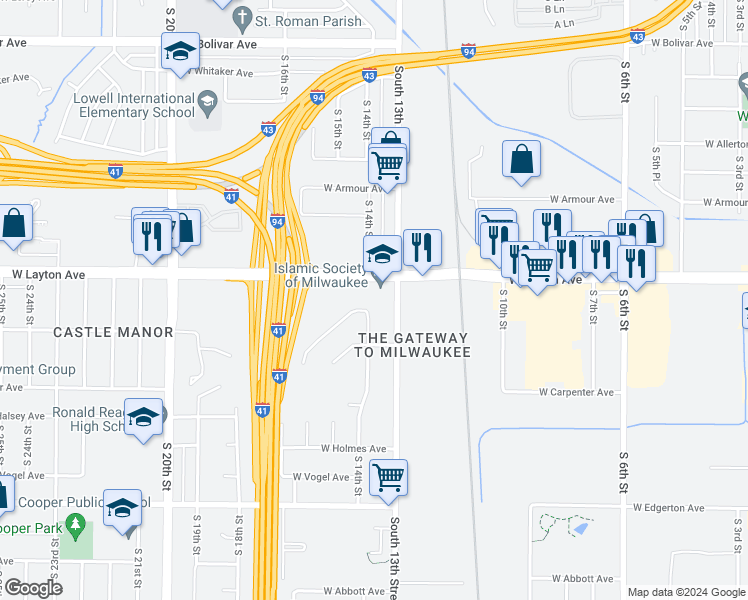 map of restaurants, bars, coffee shops, grocery stores, and more near 4721 South 13th Street in Milwaukee