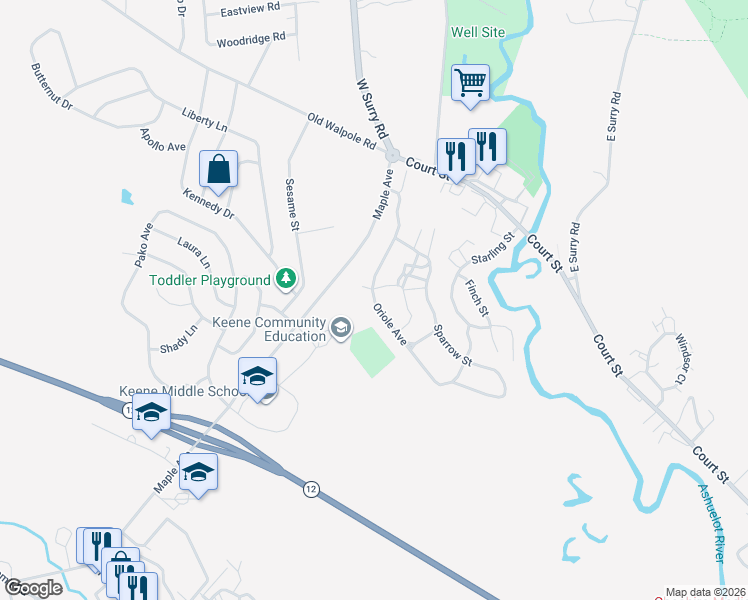map of restaurants, bars, coffee shops, grocery stores, and more near 39 Oriole Avenue in Keene