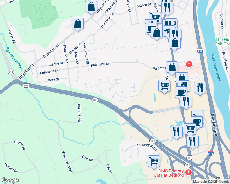 map of restaurants, bars, coffee shops, grocery stores, and more near 14 Belmont Court in Bedford