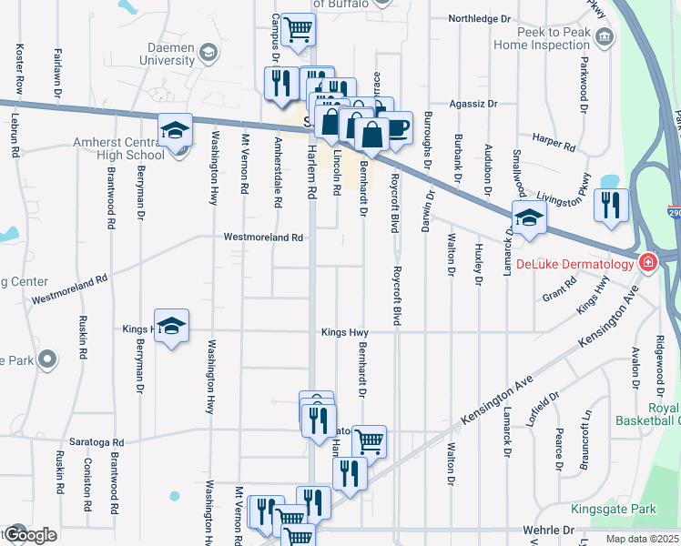 map of restaurants, bars, coffee shops, grocery stores, and more near 23 Coolidge Drive in Buffalo