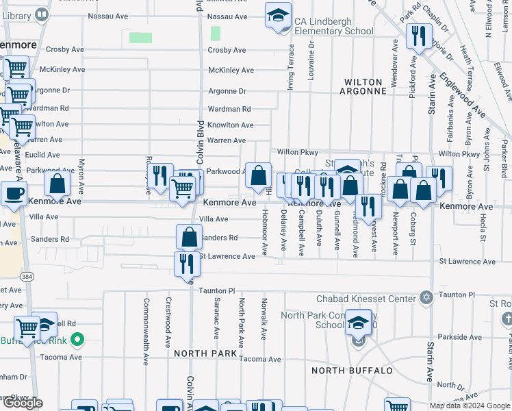 map of restaurants, bars, coffee shops, grocery stores, and more near 1004 Kenmore Avenue in Buffalo