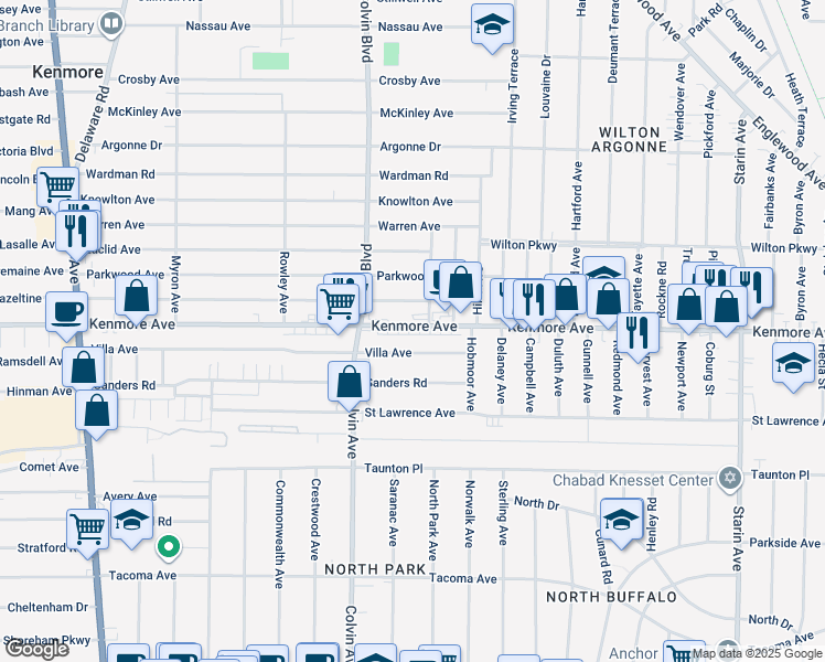 map of restaurants, bars, coffee shops, grocery stores, and more near 1034 Kenmore Avenue in Buffalo