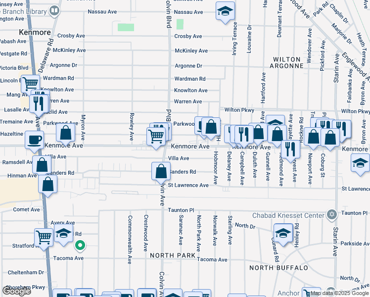 map of restaurants, bars, coffee shops, grocery stores, and more near 1034 Kenmore Avenue in Buffalo