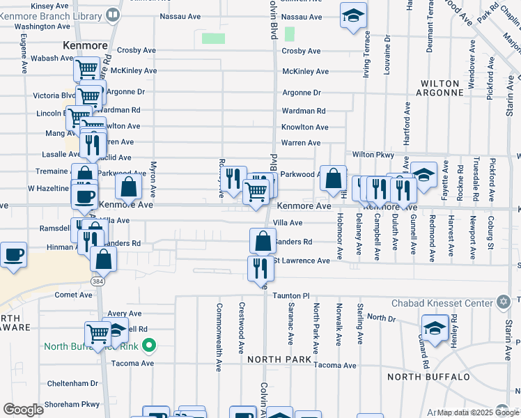 map of restaurants, bars, coffee shops, grocery stores, and more near 1116 Kenmore Avenue in Buffalo