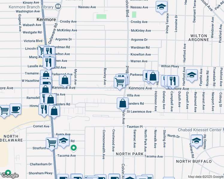 map of restaurants, bars, coffee shops, grocery stores, and more near 1160 Kenmore Avenue in Buffalo