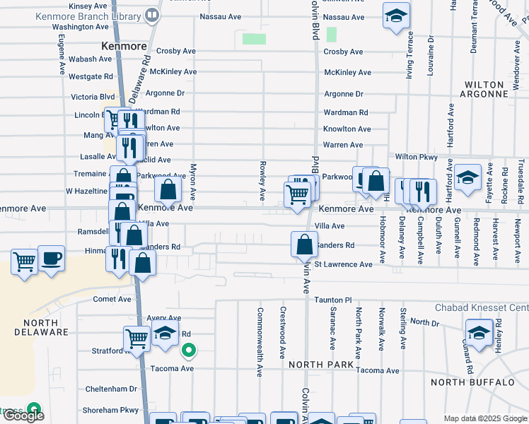 map of restaurants, bars, coffee shops, grocery stores, and more near 1160 Kenmore Avenue in Buffalo