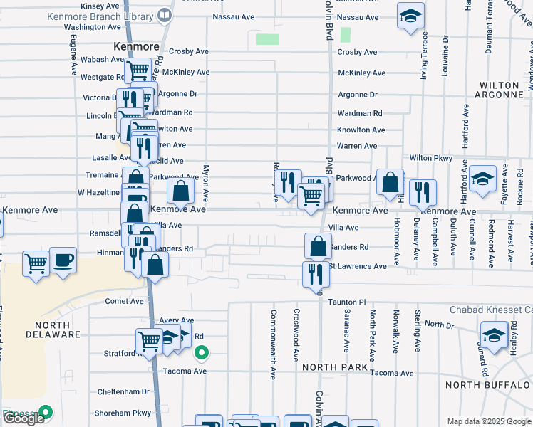 map of restaurants, bars, coffee shops, grocery stores, and more near 1200 Kenmore Avenue in Buffalo