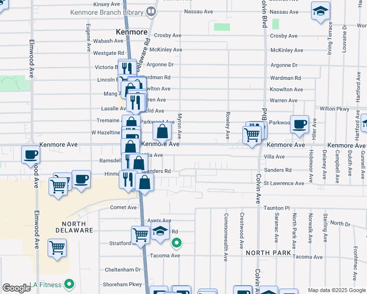 map of restaurants, bars, coffee shops, grocery stores, and more near 1284 Kenmore Avenue in Buffalo