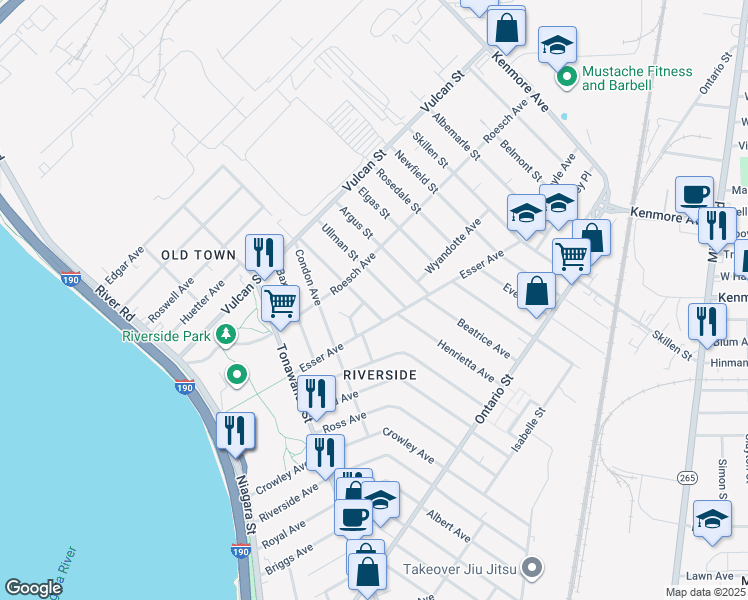 map of restaurants, bars, coffee shops, grocery stores, and more near 18 Ullman Street in Buffalo