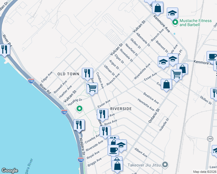 map of restaurants, bars, coffee shops, grocery stores, and more near 42 Eckhert Street in Buffalo