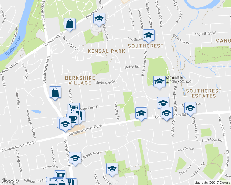map of restaurants, bars, coffee shops, grocery stores, and more near 520 Topping Lane in London