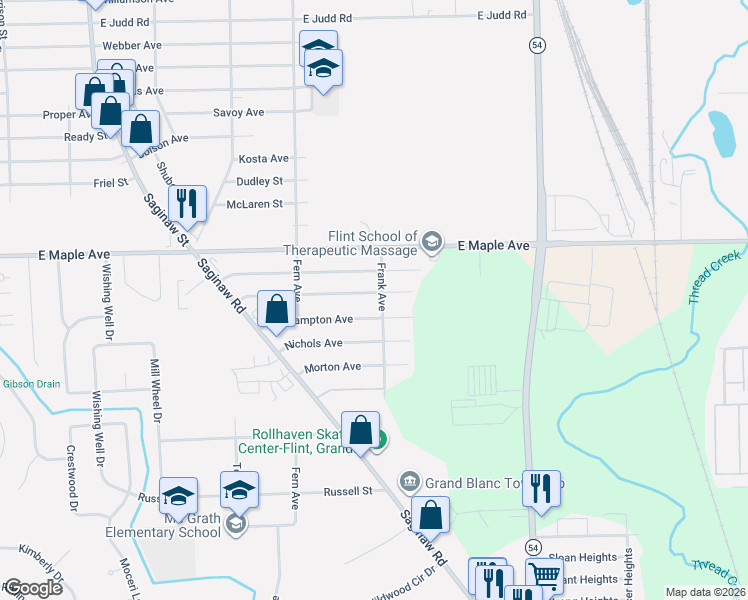 map of restaurants, bars, coffee shops, grocery stores, and more near 2374 Bradford Drive in Flint