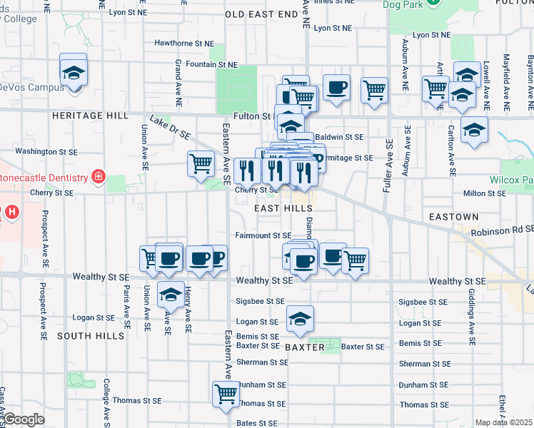 map of restaurants, bars, coffee shops, grocery stores, and more near 913 Blodgett Street Southeast in Grand Rapids