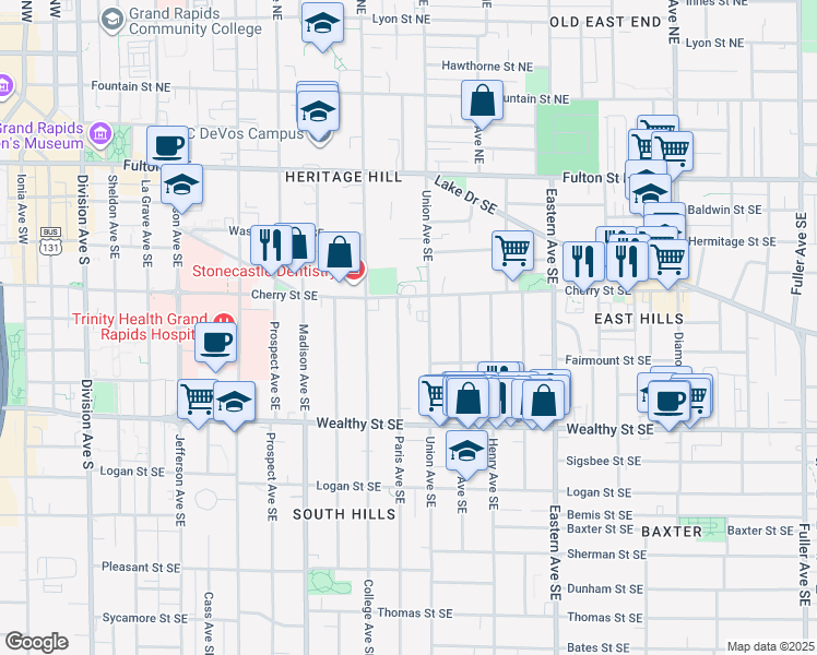 map of restaurants, bars, coffee shops, grocery stores, and more near 229 Union Avenue Southeast in Grand Rapids