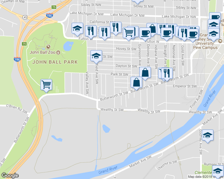 map of restaurants, bars, coffee shops, grocery stores, and more near 253 Marion Avenue Southwest in Grand Rapids