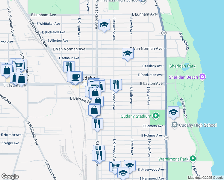 map of restaurants, bars, coffee shops, grocery stores, and more near 3670A East Squire Avenue in Cudahy