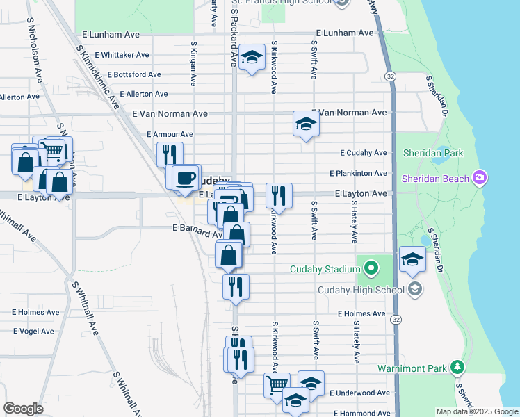 map of restaurants, bars, coffee shops, grocery stores, and more near 3670A East Squire Avenue in Cudahy