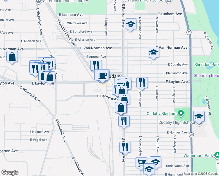 map of restaurants, bars, coffee shops, grocery stores, and more near 4718 South Kingan Avenue in Cudahy