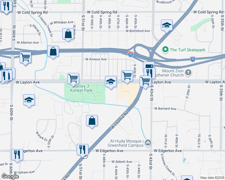 map of restaurants, bars, coffee shops, grocery stores, and more near 4724 South 47th Street in Greenfield