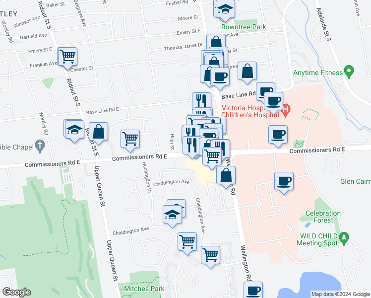 map of restaurants, bars, coffee shops, grocery stores, and more near 35 Adare Crescent in London