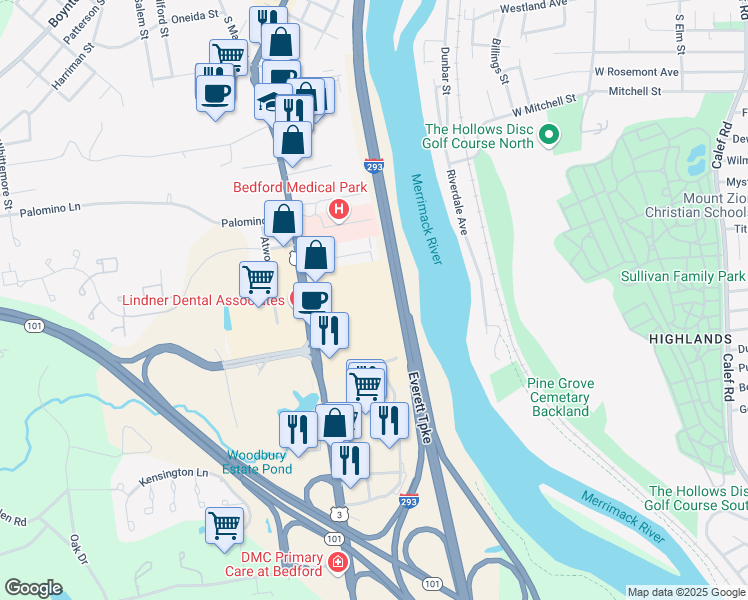 map of restaurants, bars, coffee shops, grocery stores, and more near 81 South River Road in Bedford