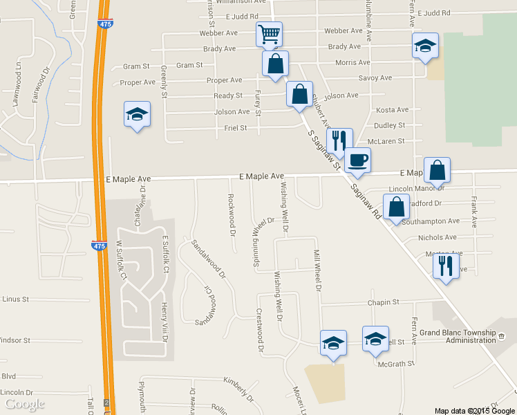map of restaurants, bars, coffee shops, grocery stores, and more near 5047 Spring Well Lane in Grand Blanc