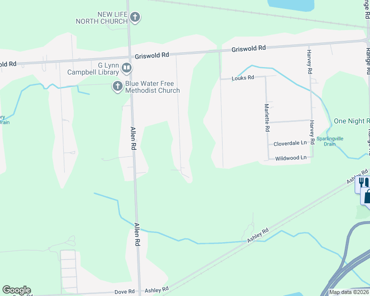 map of restaurants, bars, coffee shops, grocery stores, and more near 1786 Omar Road in Smiths Creek