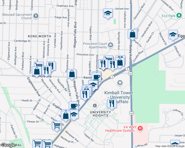 map of restaurants, bars, coffee shops, grocery stores, and more near 79 Capen Boulevard in Buffalo