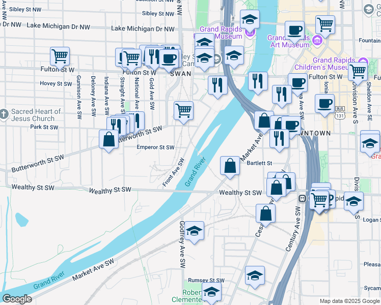 map of restaurants, bars, coffee shops, grocery stores, and more near 240 Front Avenue Southwest in Grand Rapids
