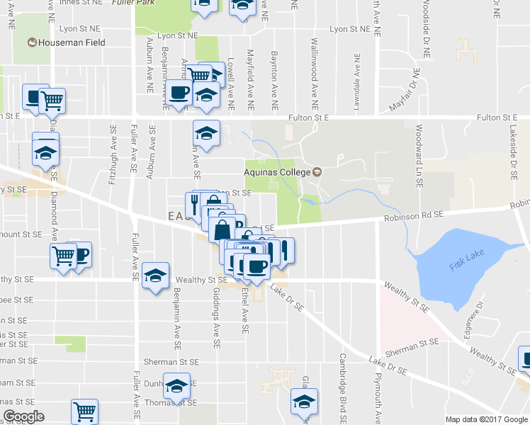 map of restaurants, bars, coffee shops, grocery stores, and more near 228 Hampton Avenue Southeast in Grand Rapids