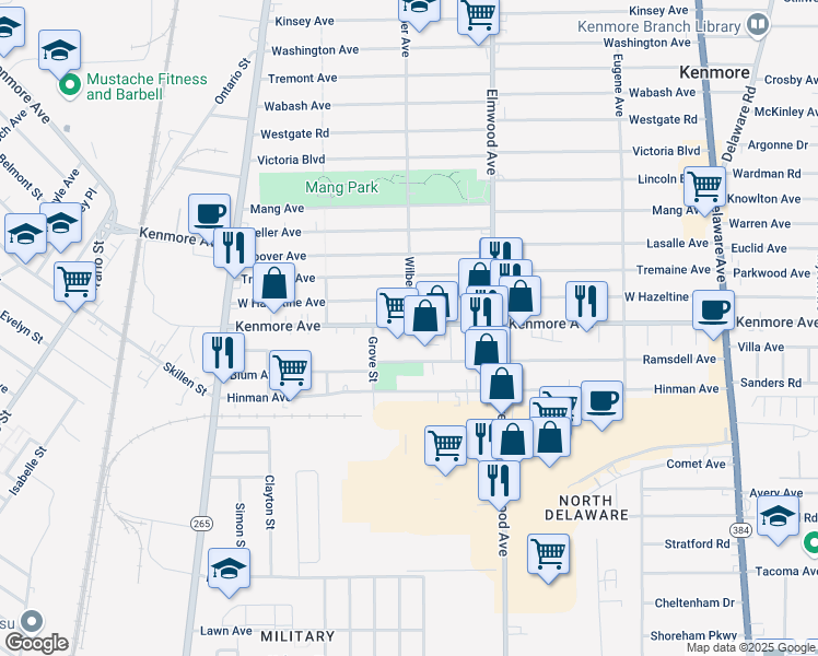 map of restaurants, bars, coffee shops, grocery stores, and more near 1722 Kenmore Ave in Buffalo