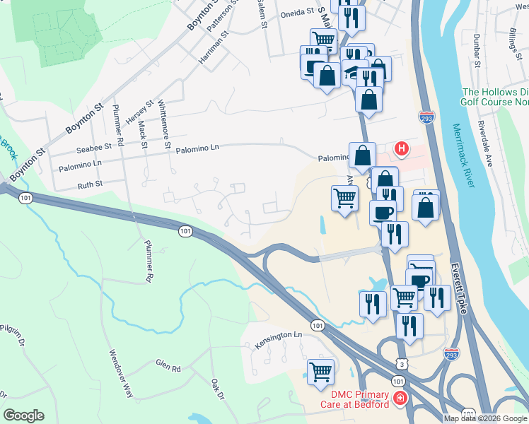 map of restaurants, bars, coffee shops, grocery stores, and more near 37 Ridgewood Road in Bedford