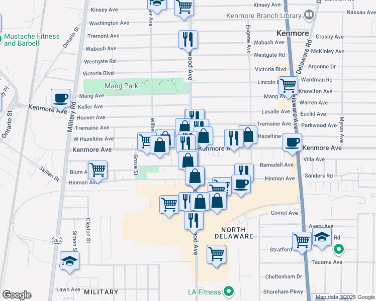 map of restaurants, bars, coffee shops, grocery stores, and more near 1650 Kenmore Avenue in Buffalo