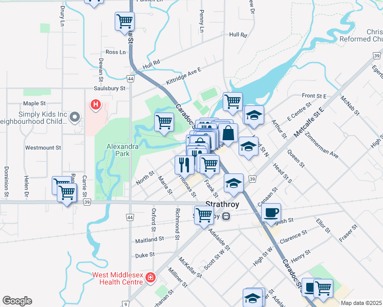 map of restaurants, bars, coffee shops, grocery stores, and more near 125 Frank Street in Strathroy