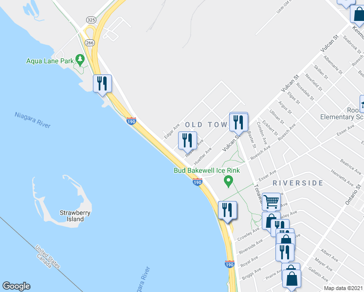 map of restaurants, bars, coffee shops, grocery stores, and more near 21 Riverdale Avenue in Buffalo