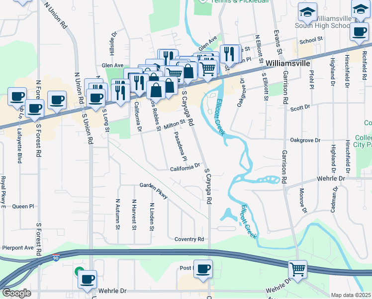 map of restaurants, bars, coffee shops, grocery stores, and more near 58 Pasadena Place in Buffalo