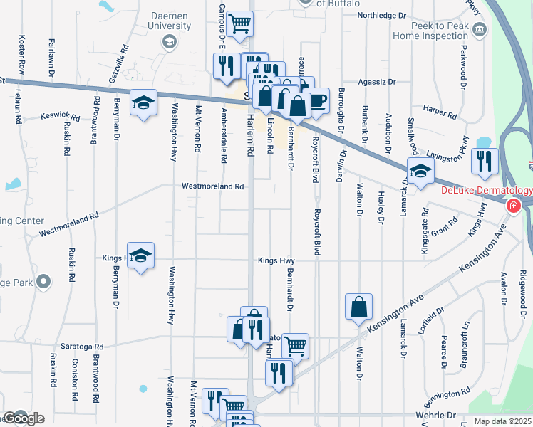 map of restaurants, bars, coffee shops, grocery stores, and more near 23 Coolidge Drive in Buffalo