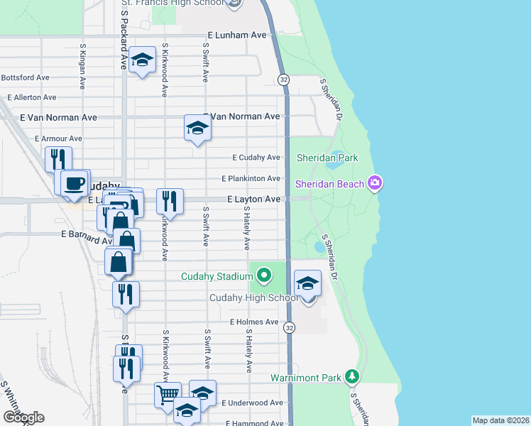 map of restaurants, bars, coffee shops, grocery stores, and more near 3918 East Squire Avenue in Cudahy
