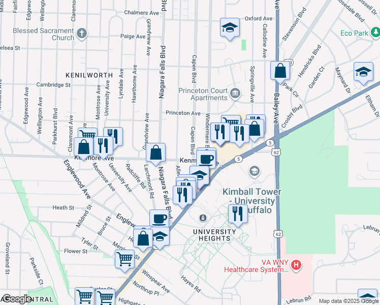 map of restaurants, bars, coffee shops, grocery stores, and more near 79 Capen Boulevard in Buffalo