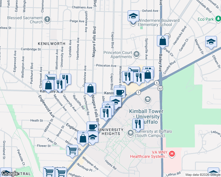 map of restaurants, bars, coffee shops, grocery stores, and more near 80 Capen Boulevard in Buffalo