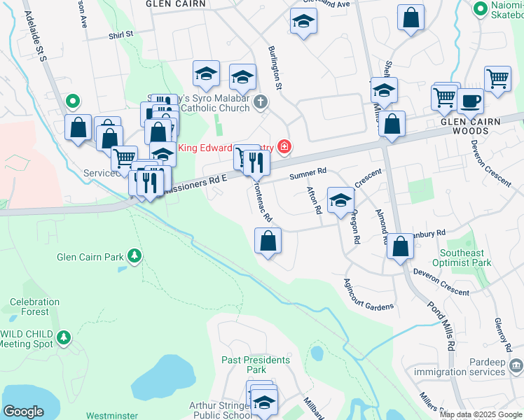map of restaurants, bars, coffee shops, grocery stores, and more near 21 Frontenac Road in London