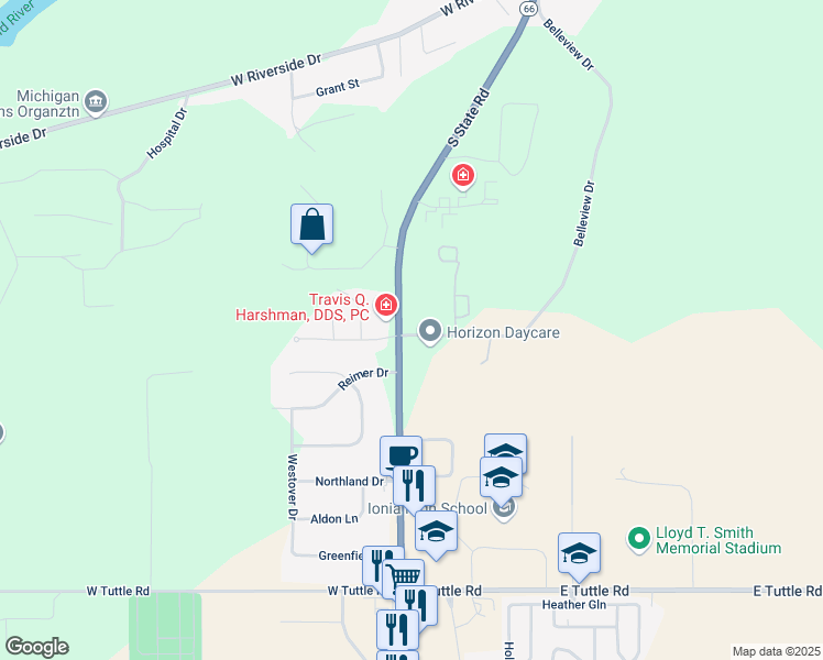 map of restaurants, bars, coffee shops, grocery stores, and more near 1930 Belleview Drive in Ionia
