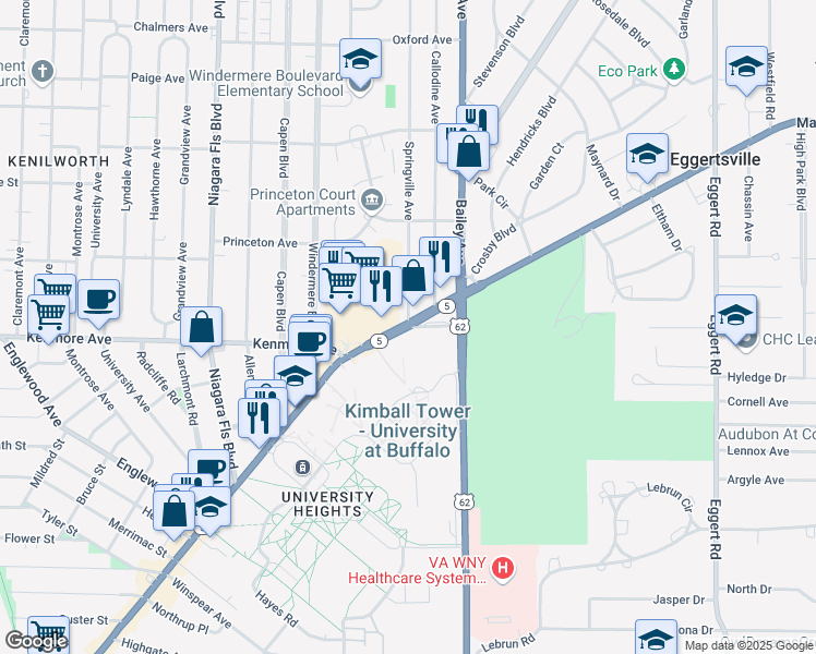 map of restaurants, bars, coffee shops, grocery stores, and more near Main Street & Springville Avenue in Buffalo