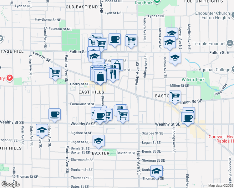 map of restaurants, bars, coffee shops, grocery stores, and more near 226 Carroll Avenue Southeast in Grand Rapids