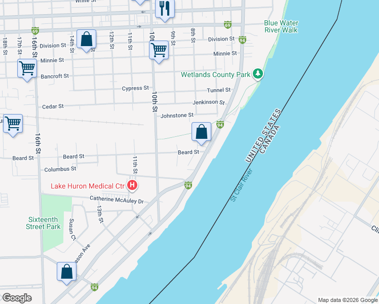 map of restaurants, bars, coffee shops, grocery stores, and more near 815 Beard Street in Port Huron