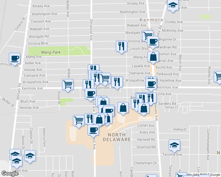 map of restaurants, bars, coffee shops, grocery stores, and more near 1534 Kenmore Ave in Buffalo