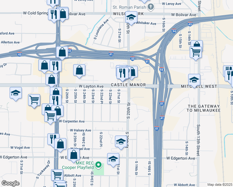 map of restaurants, bars, coffee shops, grocery stores, and more near 4731 S 21st St in Milwaukee
