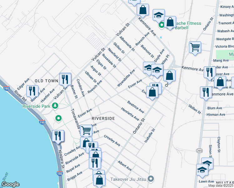 map of restaurants, bars, coffee shops, grocery stores, and more near Beatrice Avenue in Buffalo