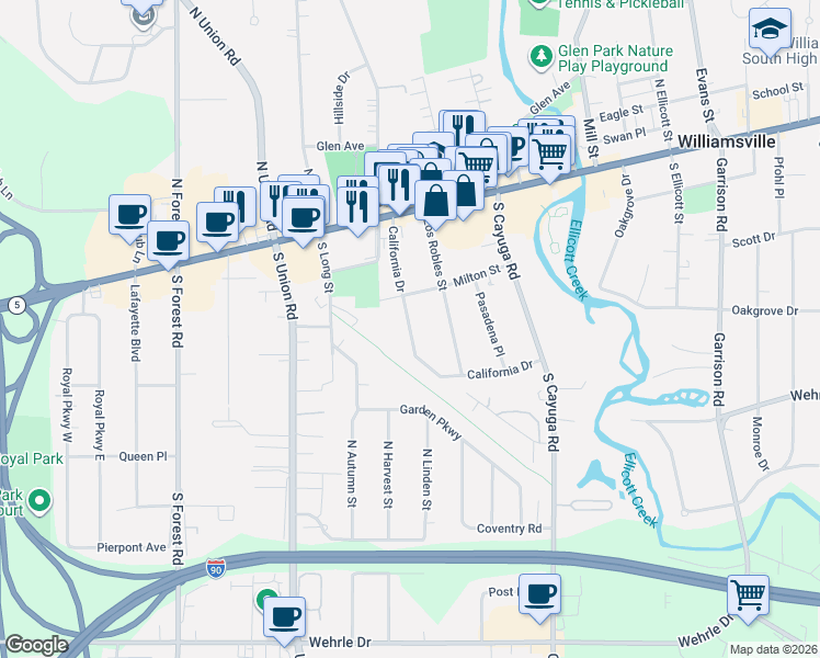 map of restaurants, bars, coffee shops, grocery stores, and more near 106 California Drive in Williamsville