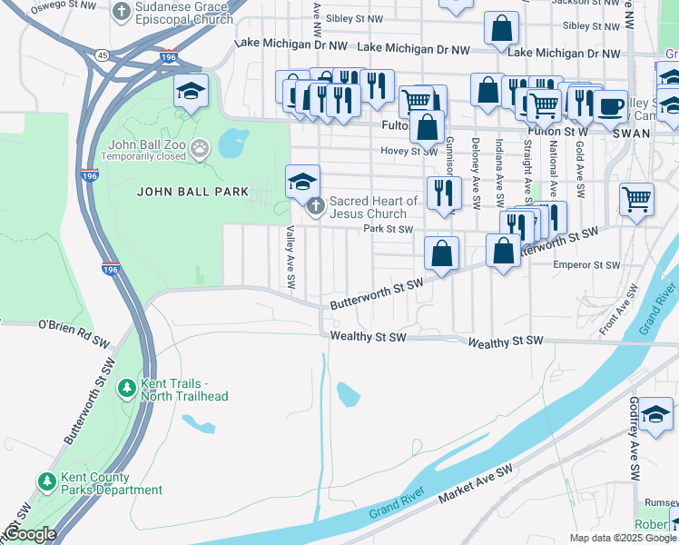 map of restaurants, bars, coffee shops, grocery stores, and more near 255 Leyden Avenue Southwest in Grand Rapids